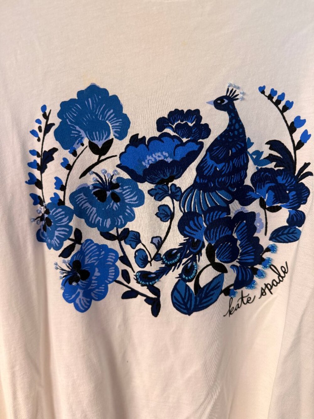 Kate Spade New York XL Peacock Floral Beaded Embellished Graphic Tee
